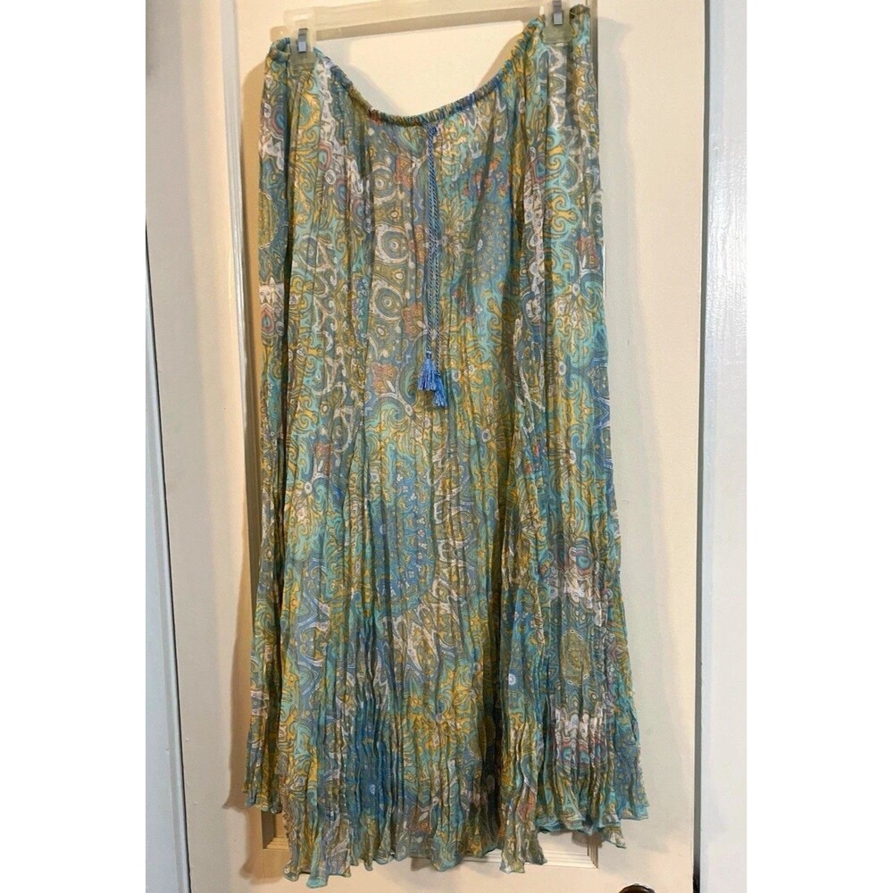Ruby Rd Womens Large Paisley Print Pleated Midi Skirt Blue Teal Gold Boho
